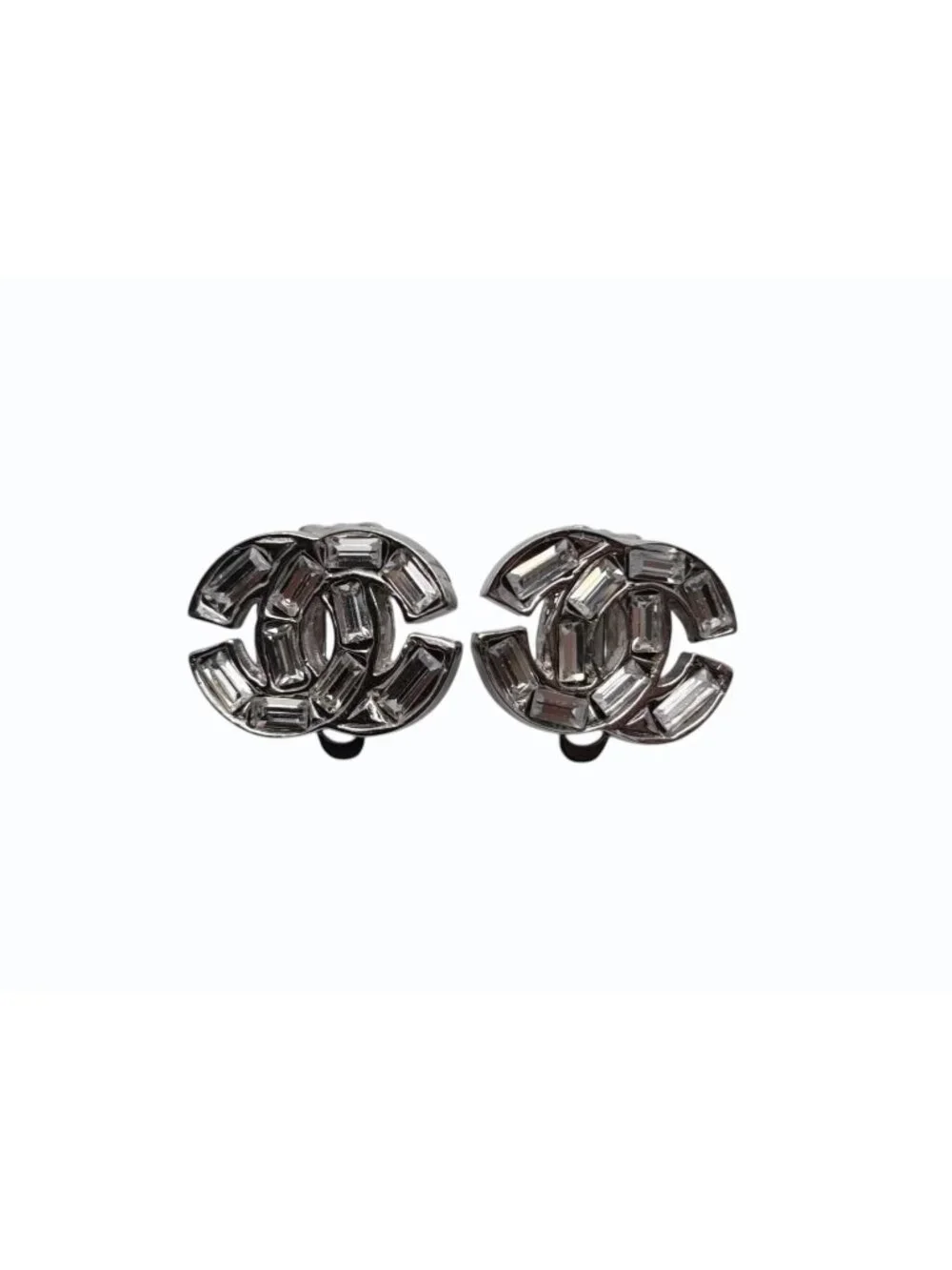 Chanel CC Logo Rhinestone Silver Earrings 01